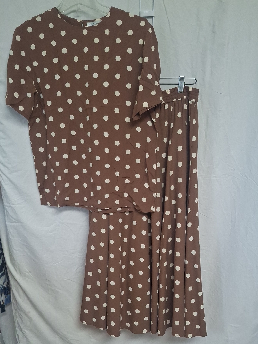 VTG JH Collectibles Brown Polka Dot Matching Set 100% Rayon 80s 90s Top 4 Skirt
